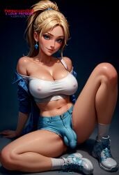 1futa 2025 2d ai_generated big_breasts blonde_hair blonde_hair blue_eyes bulge bulge_through_clothing dickgirl ear_piercing earrings futanari hi_res high_resolution highres ilfb large_breasts looking_at_viewer nippl nipples_visible_through_clothing ponytail self_upload shoes sitting sitting_down sitting_on_floor socks uncensored