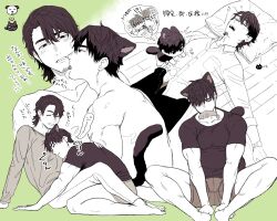 2boys animal_ears barefoot black_eyes black_hair blush cat_ears closed_eyes expressionless facial_hair gay green_background hair_over_one_eye kemonomimi licking licking_another male male_only monochrome multiple_boys muscular_male original shirtless simple_background smile tail text yaoi yukibi_(ykb)