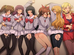 6+girls 6girls after_sex aizawa_shouko asaka_hinata bike_shorts blonde_hair blush brown_hair cleavage closed_eyes crotchless cum cum_drip cum_in_pussy cum_inside curvy exposed exposed_pussy female female_only gureko_rouman jewelpet jewelpet_sunshine jill_konia kaede_kikuchi komachi_saotome long_hair lying lying_down mizushiro_kanon multiple_boys multiple_girls no_panties on_back on_stomach pantyhose pussy school_uniform simple_background sleeping teacher torn_bike_shorts torn_clothes torn_pantyhose