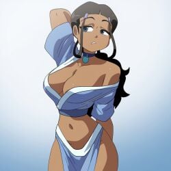 1girls ai_generated alternate_breast_size avatar_legends avatar_the_last_airbender big_breasts brown_hair cleavage dark-skinned_female dark_skin katara mullon novelai