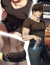 1boy ass ass_cleavage ass_focus black_eyes black_hair bottle close-up expressionless from_behind jeans looking_at_viewer male male_only muscular muscular_male original outdoors pants solo t-shirt v-neck water_bottle yukibi_(ykb)