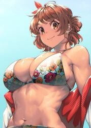 abs bikini blue_sky breasts brown_hair cleavage earrings female floral_print gakuen_idolmaster hair_ribbon hanami_ume hi_res highres idolmaster jewelry large_breasts looking_at_viewer looking_down mikel_bk orange_eyes ribbon short_hair sky smile solo swimsuit toned toned_female