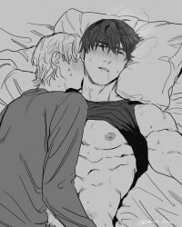 2boys bed black_eyes black_hair blush gay grey_background lying lying_on_back male male_only monochrome multiple_boys muscular_male nipples original parted_lips shirt_lift size_difference sweat yaoi yukibi_(ykb)