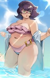 1girls bandeau_bikini bikini chubby chubby_female game_freak glasses light-skinned_female light_skin mature_female plump pokemon pokemon_sm puzzled_artist water wicke_(pokemon)