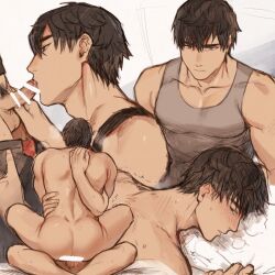 2boys anal back bed blowjob blush brown_eyes brown_hair censored cowgirl_position expressionless from_behind gay looking_at_viewer lying_on_stomach male male_only multiple_boys muscular muscular_male oral original sex simple_background tank_top white_background yaoi yukibi_(ykb)