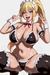 ai_generated bikini blonde_hair darkness_(konosuba) kono_subarashii_sekai_ni_shukufuku_wo! konosuba large_breasts maid_bikini maid_uniform oiled open_mouth slim_waist sweat sweatdrop tongue_out wide_hips