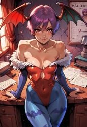 ai_generated bat_wings civitai darkstalkers head_wings leotard lilith_aensland panviewai pinup purple_hair red_eyes short_hair stockings succubus thighs wings