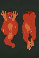 2017 anthro anus ass claws clitoris female kobold legs_up licking licking_lips melvismd nude open_mouth orange_scales pussy raised_tail red_scales scales sharp_teeth smile solo spread_pussy spreading teeth toe_claws tongue tongue_out