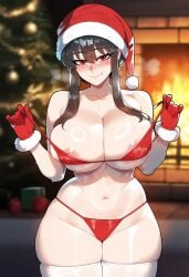 ai_generated belly belly_button big_breasts bikini black_hair christmas christmas_clothing christmas_hat christmas_outfit color full_color juuicyai light-skinned_female light_skin nipples panties sexy sexy_body sexy_pose spy_x_family thick_legs thick_thighs yor_briar yor_forger