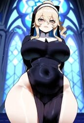 ai_generated arms_behind_back ass ass_focus big_ass big_breasts big_butt big_thighs blonde_hair church curvy curvy_female curvy_figure dijiai focus from_below from_front_position front_view genshin_impact highleg hourglass_figure indoors jean_gunnhildr looking_at_viewer nsfw nun nun_outfit pelvic_curtain round_ass round_butt seductive seductive_look seductive_smile thiccwithaq_(ai_style) thick thick_ass thick_butt thick_legs thick_thighs thighs wide_hips