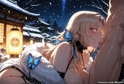 1boy 1girl ai_assisted ai_generated ass bangs bare_shoulders blonde_hair blush breasts clothed_female_nude_male curvaceous curvy curvy_female curvy_figure dark_skin fellatio female from_side fur_trim garter_straps goddess_of_victory:_nikke hetero large_breasts long_hair ludmilla_(nikke) miyuai night night_sky nude oral penis saliva sidelocks sky solo_focus star_(sky) starry_sky swept_bangs testicles thick thick_ass thick_butt thick_hips thick_legs thick_thighs voluptuous voluptuous_female wide_hips wide_thighs