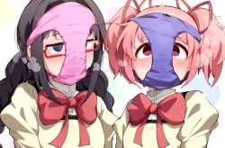 2girls akemi_homura black_hair black_hairband blue_eyes blush bow bowtie braid breasts commentary_request commission empty_eyes glasses hair_ribbon hairband holding holding_panties holding_underwear holding_unworn_clothes juliet_sleeves kaname_madoka long_hair long_sleeves looking_at_viewer madoka_kaname magical_girl mahou_shoujo_madoka_magica mitakihara_school_uniform multiple_girls object_on_head panties panties_on_head pee_stain pink_eyes pink_hair pink_panties puella_magi_madoka_magica puffy_sleeves purple_eyes purple_panties red-framed_eyewear red_bow red_bowtie red_ribbon ribbon rolling_eyes school_uniform semi-rimless_eyewear short_hair simple_background skeb_commission small_breasts sniffing_panties stained_panties sweater takato_kurosuke twin_braids twintails under-rim_eyewear underwear unworn_panties upper_body variant_set white_background yellow_sweater