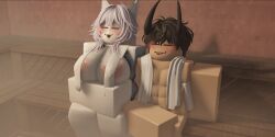 1boy 1girls 3d demon_boy fox_girl roblox robloxian sauna self_upload tagme tonyrr34 towel_over_breasts