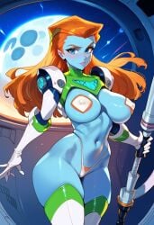 2d ai_generated big_breasts blue_skin buzz_lightyear_of_star_command female female_focus female_only gloves long_hair mira_nova orange_hair panties pasties solo solo_female solo_focus tagme