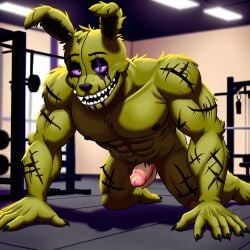 1boy ai_generated anthro balls erection fangs five_nights_at_freddy's fnaf furry green_body green_fur gym humanoid male_focus male_only nude penis pushups rabbit solo solo_focus springtrap_(fnaf)