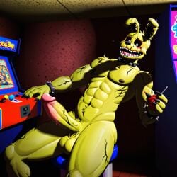 1boy ai_generated anthro arcade arcade_machine balls erection fangs five_nights_at_freddy's fnaf furry green_body green_fur humanoid jockstrap male_focus male_only muscular muscular_male nude penis rabbit solo solo_focus springtrap_(fnaf)