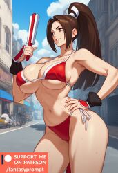 1girls ai_generated bikini brown_eyes brown_hair cute fantasyprompt female female_only fit_female gigantic_breasts huge_breasts king_of_fighters long_hair mai_shiranui narrow_waist smile thick_thighs tied_hair tight_clothing wide_hips