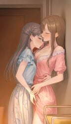 2girls absurdres blue_shirt blush bra bracelet breasts brown_hair cleavage closed_eyes closed_mouth clothes_lift commentary dress dress_lift fingering grey_eyes grey_hair hand_on_another's_waist hickey highres idolmaster idolmaster_cinderella_girls indoors jewelry kobayakawa_sae long_hair medium_breasts mizumoto_yukari multiple_girls open_clothes open_dress open_mouth pink_dress pussy_juice shirt short_sleeves skirt sweat tag_(tf18080512) underwear white_bra white_skirt yuri