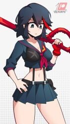 angry animated belly_button black_hair flustered kill_la_kill matoi_ryuuko medium_breasts midriff midriff_baring_shirt multicolored_hair punch shaved_pussy short_hair stripped stripped_naked