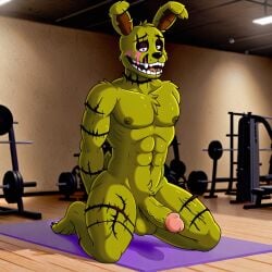 1boy ai_generated anthro balls erection five_nights_at_freddy's furry green_body gym kneeling male_focus male_only nude penis rabbit solo solo_focus springtrap_(fnaf) yoga_mat