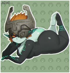 armor ass big_butt black_body border breasts eyelashes feet feet_up female green_background green_markings grey_body hair headgear helmet hi_res humanoid_pointy_ears imp jxzuke lying markings midna nintendo on_front one_eye_obstructed orange_hair pattern_background pointy_ears red_eyes short_stack simple_background small_breasts snaggle_tooth solo the_legend_of_zelda thick_thighs twili twilight_princess white_border wide_hips yellow_sclera