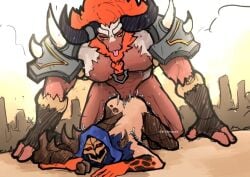 aldous anal_penetration big_dom_small_sub clarxendous gay gay_sex horns male/male male_only masked_male minotaur minotaur_(mobile_legends) mobile_legends:_bang_bang muscular_male outside_sex sweatdrop tongue_out