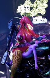 3d bike cyberpunk cyborg dominant_female female huge_breasts mooseycus nipple_piercing scp-939 shotgun size_difference vladdo wet_pussy