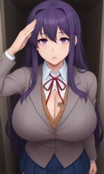 barcode barcode_tattoo big_breasts blue_skirt body_modification brainwashed brainwashing doki_doki_literature_club drooling emotionless empty_eyes expressionless hacking huge_breasts hypnosis hypnosis identity_death large_breasts long_hair massive_breasts mental_transformation mind_control open_mouth open_shirt pov pov_male purple_eyes purple_hair salute saluting school_uniform white_shirt yuri_(doki_doki_literature_club)