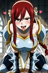 1girl1boy ahe_gao ahe_gao ahegao_face ai_generated armor armored_female big_breasts blush braided_ponytail brown_eyes dungeon erza_scarlet fairy_tail female floating_hearts gloves headband huge_breasts long_hair losing_control no_sex omega_weirdo open_mouth patreon red_hair ribbon straddling tongue_out