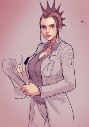 1girl 2025 2d 2d_(artwork) big_breasts breasts cleavage clipboard clothed clothed_female doctor erkaz fallout fallout_new_vegas female female_only fully_clothed holding_object human human_female human_only julie_farkas lab_coat light_eyes looking_at_viewer mohawk_(hairstyle) no_sex not_ai_generated npc sfw simple_background smile smiling_at_viewer solo solo_female video_game_character white_coat