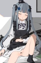 ankle_socks assault_rifle black_socks book censored closed_eyes female girls'_frontline gun h&k_hk416 hat highres hk416_(black_kitty's_gift)_(girls'_frontline) hk416_(girls'_frontline) knees legs long_hair long_sleeves no_panties pussy rifle sitting sleeping socks solo spread_legs thighs weapon yuki_hotaru