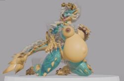 3d anthro apekweit belly big_belly blender_(artwork) breasts capcom digital_media_(artwork) fanged_wyvern female hand_on_breast hand_on_hip hi_res kneeling looking_at_viewer monster_hunter nipples open_mouth phrostbite platform pregnant pregnant_anthro pregnant_female scales solo spines tail tongue tongue_out zinogre zinogre_(apekweit)