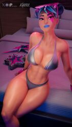 1girls bed big_breasts blue_lipstick bra epic_games fingerless_gloves fortnite glasses glasses_on_head gloves hourglass_figure ky0rii kyorii looking_at_viewer multicolored_hair on_bed panties sitting sitting_on_bed solo_female sparkle_diva sparkle_specialist thick_thighs