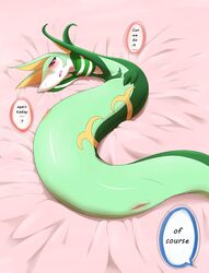 bed blush edit english_text female feral kajinchu looking_at_viewer nintendo open_mouth pokemon pussy pussy_juice red_eyes scarf serperior text translated uncensored video_games