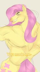 animation_meme art_trend artist_request flutterguy fluttershy_(mlp) human_artist humanization humanized humanized_pony instagram_source long_hair meme meme_reference mlp_g4 muscular my_little_pony no_ai pink_hair shitpost solo solo_focus trend yellow_body you_made_me_mlp_meme