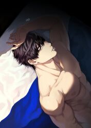 1boy abs arm_up bed bedroom black_hair blue_eyes completely_nude expressionless hand_on_head looking_at_viewer lying lying_on_back male male_only muscular_male nipples nude original solo topless yukibi_(ykb)