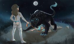 2girls all_fours ass blue_eyes blue_eyeshadow breasts brown_hair doggy_style dota_2 eyeshadow female forced from_behind human leash light_skin lion luna_(dota) mirana mounted multiple_girls night nude open_mouth panties stockings straight vaginal_penetration valve white_hair zoophilia