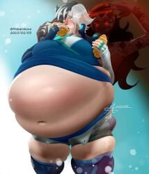 1girls bursting_belly clothes_too_small female forced_eating forced_weight_gain huge_belly human luna_snow makaro-kono_(artist) marvel mind_control skindentation standing stuffed_belly thick_thighs weight_gain