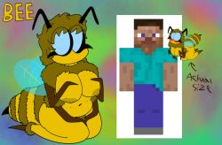 antennae_(anatomy) anthro arm_tuft arthropod arthropod_abdomen bad_anatomy bee bee_(minecraft) belly belly_rolls big_breasts big_eyes blush breasts chest_tuft crazy_8_animations duo female fluffy flying hair human humanoid hymenopteran insect_wings insects mammal messy_hair microsoft minecraft mojang mouthless navel nipples pubes simple_background size_difference solo steve_(minecraft) stinger thick_thighs tuft wings xbox_game_studios