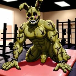 1boy ai_generated anthro balls erection five_nights_at_freddy's furry green_body gym humanoid looking_at_viewer male_focus male_only nude penis push-up rabbit scar solo solo_focus springtrap_(fnaf) yoga_mat