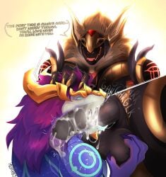 absurd_res anthro armor aurelion_sol balls blue_body bodily_fluids claws cum cum_drip cum_in_mouth cum_inside cum_on_penis cumshot deep_throat digital_media_(artwork) dragon dripping duo eastern_dragon ejaculation erection fan_character fur genital_fluids genitals hair hexkates hi_res horn league_of_legends machine male male/male male_penetrated male_penetrating male_penetrating_male mythological_creature mythological_scalie mythology nude oral oral_penetration penetration penis protogen protogen_armor riot_games saliva scalie screen screen_face sex simple_background smile speech_bubble tencent text x-ray_view