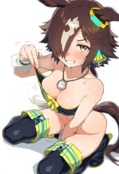 ai_generated animal_ears blue_eyes brown_hair earrings female hair_covering_eye highlights_hairs horse_girl umamusume umamusume_pretty_derby vodka_(umamusume)