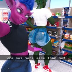 2boys 3d absurd_res ass big_butt black_clothing black_topwear blue_hair bottomwear bustin3d clothing crop_top denim denim_bottomwear denim_clothing denim_shorts digital_media_(artwork) draagen_(bustin3d) duo ear_piercing ear_ring facial_piercing faggot femboy footwear gay goblin green_body green_hair hair hand_on_hip hi_res huge_filesize humanoid imp ito_(bustin3d) jeans male nike no_pupils nose_piercing nose_ring pants piercing public purple_body rear_view ring_piercing selfie shirt shoes shorts snapchat sneakers store topwear white_clothing white_topwear