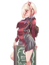 backpack bag blonde_hair breasts commentary_request female female_masturbation heavy_breathing highres large_breasts lycoris_recoil lycoris_uniform masturbation menu_board neck_ribbon nishikigi_chisato open_mouth pleated_skirt pussy_juice randoseru red_eyes red_shirt ribbon shirt short_hair simple_background skirt solo uncommon_stimulation white_background yazawa_mana