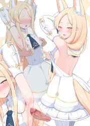 animal_ear_fluff animal_ears armpits bird blonde_hair blue_archive blush bow censored commentary_request dress fox_ears halo highres long_hair looking_at_viewer mosaic_censoring nekojima nipples pantyhose penis sailor_collar seia_(blue_archive) striped_clothes very_long_hair white_background white_dress white_pantyhose white_sailor_collar yellow_bow yellow_halo