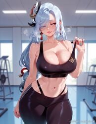 ai_generated balecxi bare_shoulders black_sports_bra blue_eyes blurry blurry_background braid braided_ponytail cleavage female genshin_impact hair_ornament hair_over_one_eye indoors jewelry large_breasts long_hair looking_at_viewer navel pants parted_lips patreon_username shenhe_(genshin_impact) smile solo sports_bra stomach strap_pull sweat tassel_earrings thighs underwear white_hair yoga_pants