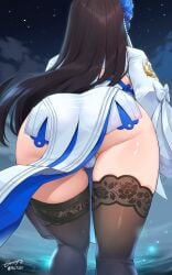 absurdres ass black_hair black_thighhighs bloody0rabby blue_flower breasts cameltoe china_dress chinese_clothes daiyan_(girls'_frontline_2) daiyan_(girls'_frontline_nc) dress female flower from_behind girls'_frontline girls'_frontline_2:_exilium hair_flower hair_ornament highres lace-trimmed_legwear lace_trim large_breasts long_hair night night_sky official_alternate_costume outdoors panties pelvic_curtain sky thighhighs type_95_(girls'_frontline) type_95_(narcissus)_(girls'_frontline) underwear very_long_hair white_dress white_panties