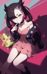 1girls absurdres aqua_eyes black_choker black_jacket black_nails breasts brown_hair choker cleavage closed_mouth commentary_request dress feet_out_of_frame female finger_to_mouth fingernails gen_8_pokemon hair_ribbon hand_up highres jacket long_fingernails looking_at_viewer marnie_(pokemon) medium_breasts medium_hair morpeko morpeko_(full) nail_polish nintendo open_clothes open_jacket pink_dress pointy_ears pokemon pokemon_swsh ribbon shali sitting sleeveless sleeveless_dress solo strap_slip