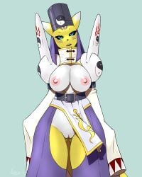 anthro areola bandai_namco belt big_breasts breasts canid canine digimon digimon_(species) exposed_breasts female fox fur furball genitals headdress hi_res mammal markings nipples pussy shoulder_pads solo taomon white_body white_fur yellow_body yellow_fur yin_yang