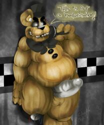 ! 1boy against_wall animatronic anthro balls bear bow button chubby claws dialogue english_text erection five_nights_at_freddy's five_nights_at_freddy's_3 fronnie frots glowing glowing_eyes hat looking_at_viewer machine male male_only mammal metal_penis microphone nude open_mouth penis phantom_freddy_(fnaf) raised_arm raised_leg robot smile solo standing teeth text thick_penis thick_thighs video_games wire